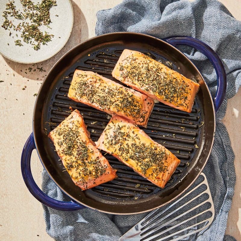 Grilled salmon with mustard-herb crust