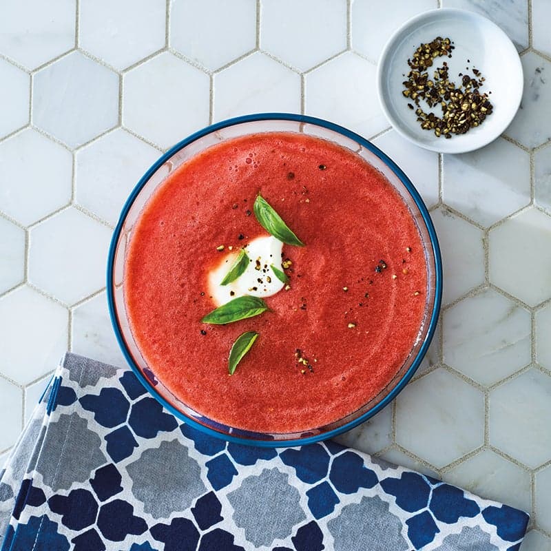 Tomato-watermelon gazpacho with basil & jalapeño