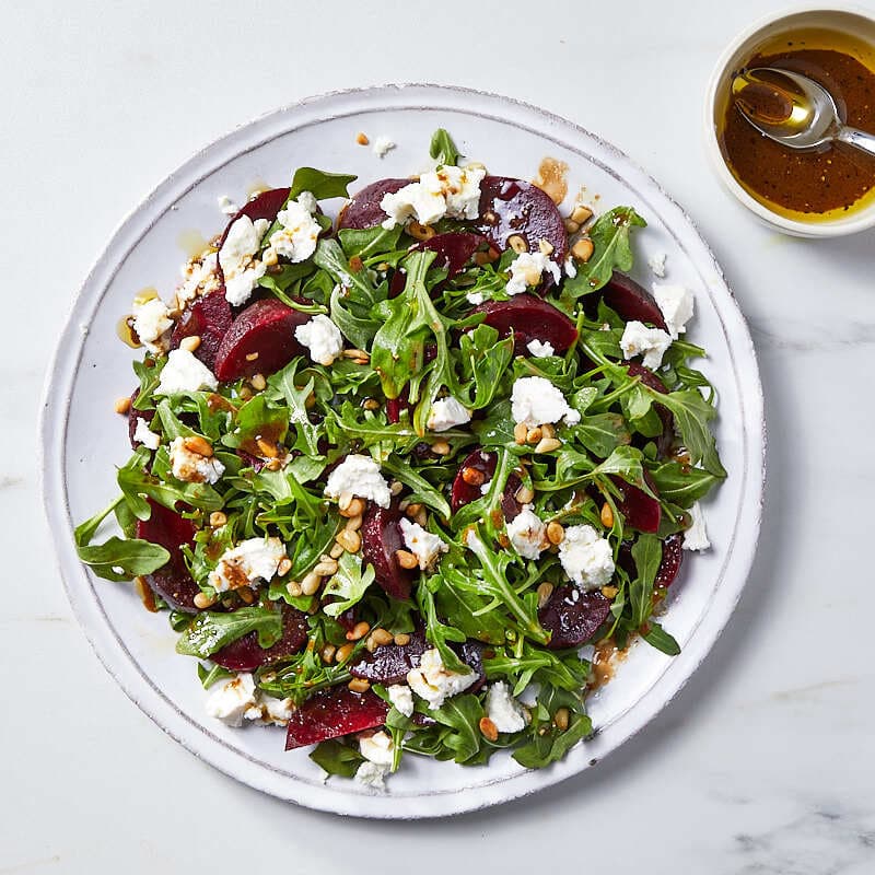 Beet, goat cheese, and arugula salad