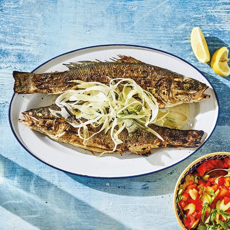 Grilled branzino with roasted pepper relish & fennel