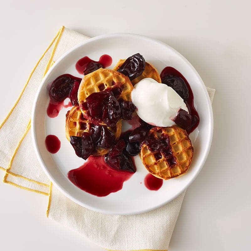 Waffle short stack with cherry-almond sauce