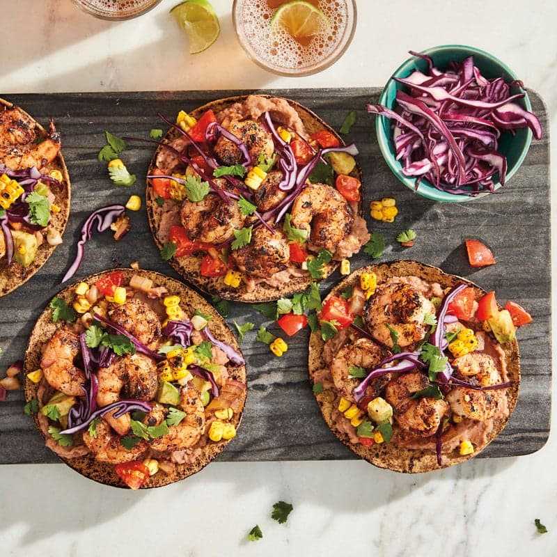 Grilled shrimp tostadas with grilled-corn salad