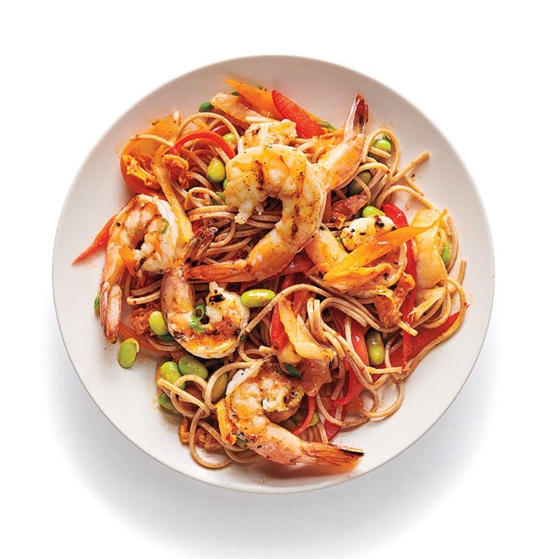 Kimchi soba with shrimp and edamame