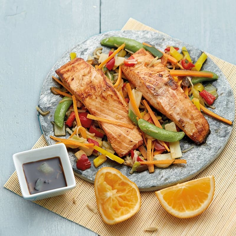 ViktVäktarna - Apelsin- och ingefärsmarinerad lax med frästa grönsaker
