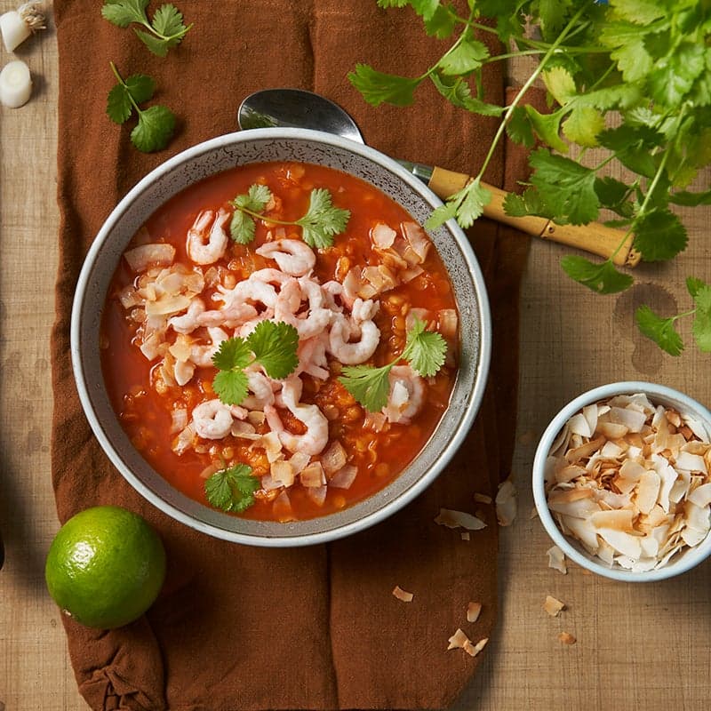 ViktVäktarna - Linssoppa med thaismak, räkor och kokoschips