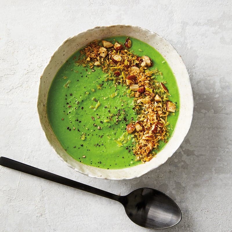 Green Pea Soup with Panko-Almond Topping