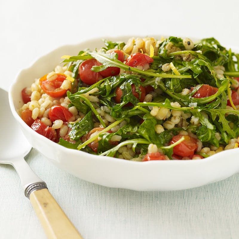Barley, grape tomato and arugula saute