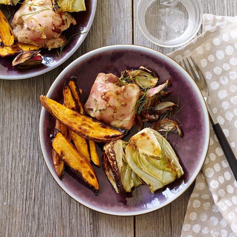 Lemon-thyme roast chicken with sweet potatoes and fennel