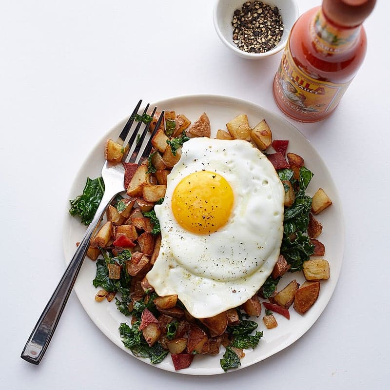 Egg Over Red Potato, Kale & Bacon Hash