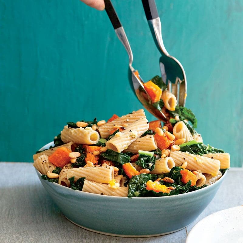 Rigatoni with roasted squash, kale, and pine nuts