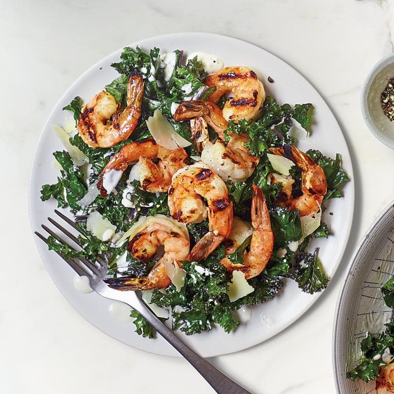 Kale Caesar salad with grilled shrimp