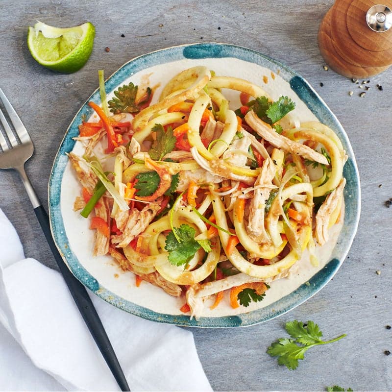 Summer squash noodles with chicken and peanut sauce