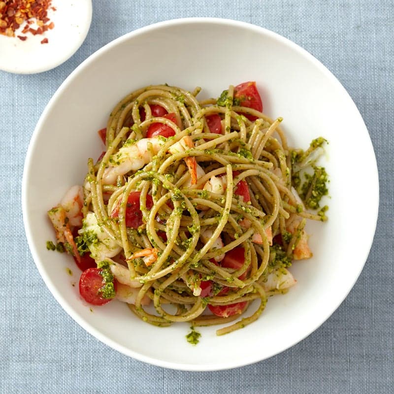 Spaghetti with Shrimp & Pesto