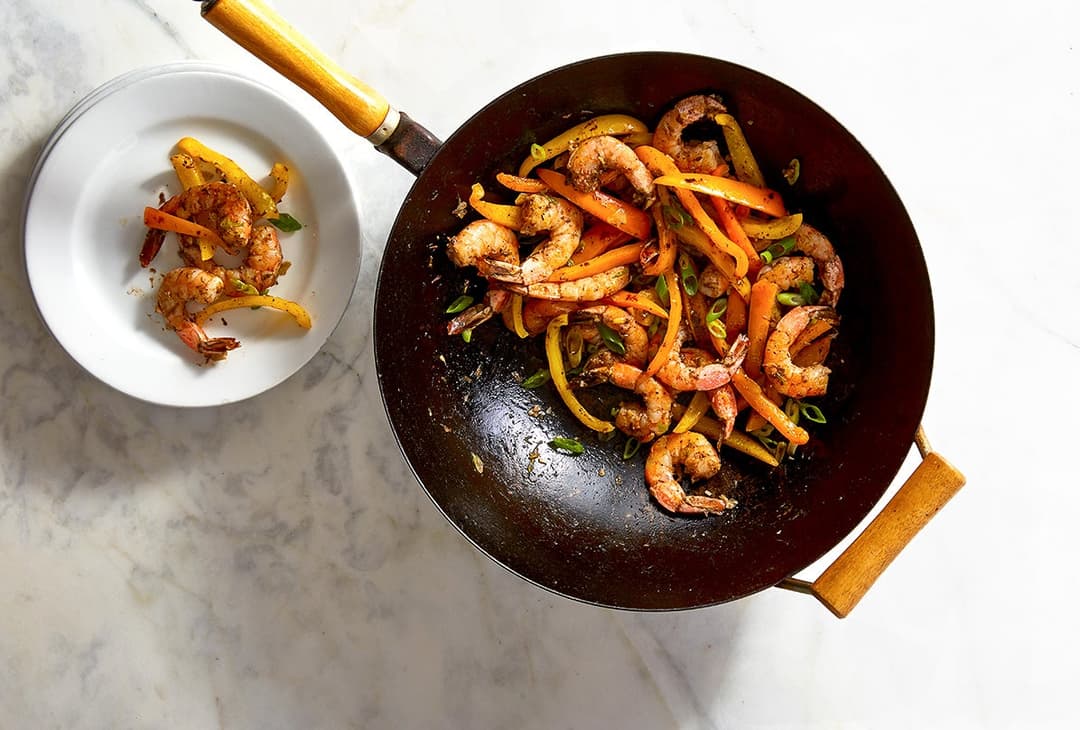 Stir-fried jerk shrimp and peppers