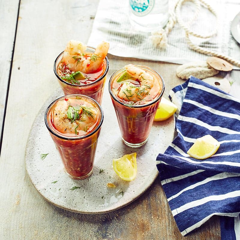 Chunky gazpacho with avocado and shrimp