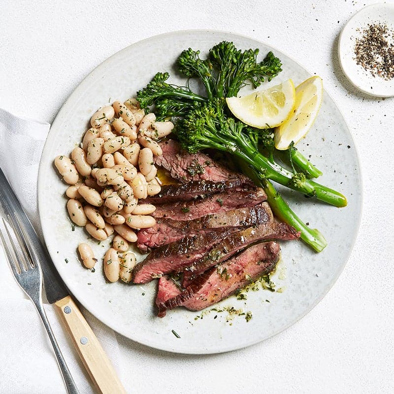 Tuscan steak with white beans & baby broccoli