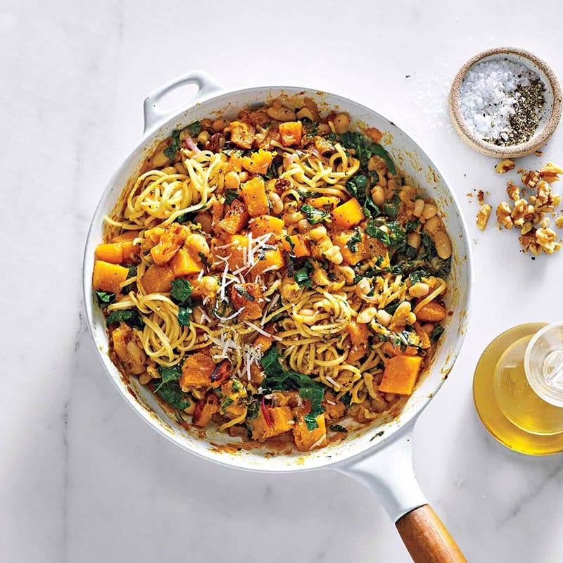 Spaghetti with Butternut Squash, White Beans & Kale